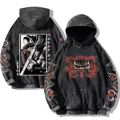 Oversized Kapuzenpullover Dunkelgrau mit Front- und Rückenprint und Ärmelprints