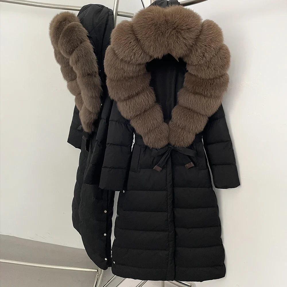 OFTBUY Grote Echte Vos Bontkraag X-Lange Puffer Jas Vrouwen Capuchon Winter Witte Eend Down Jas Dikke Vrouwelijke parka Met Riem