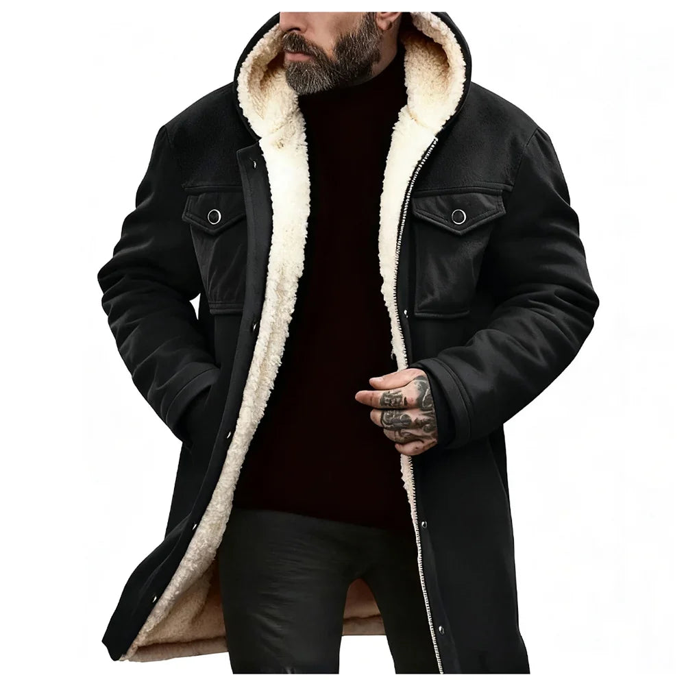Herren Winterjacke mit Kapuze und Teddyfutter, lang, warm, Schwarz