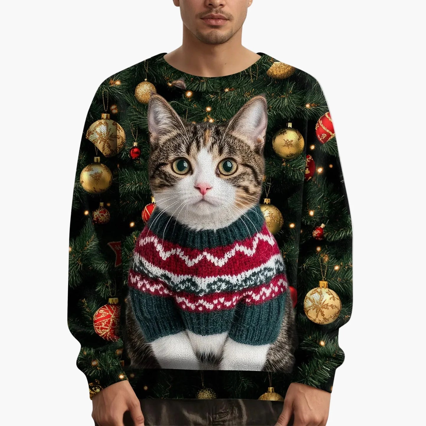 Herren Weihnachts-Sweatshirt mit Katzenmotiv – Lustiger Pullover für die Festtage und Winterzeit