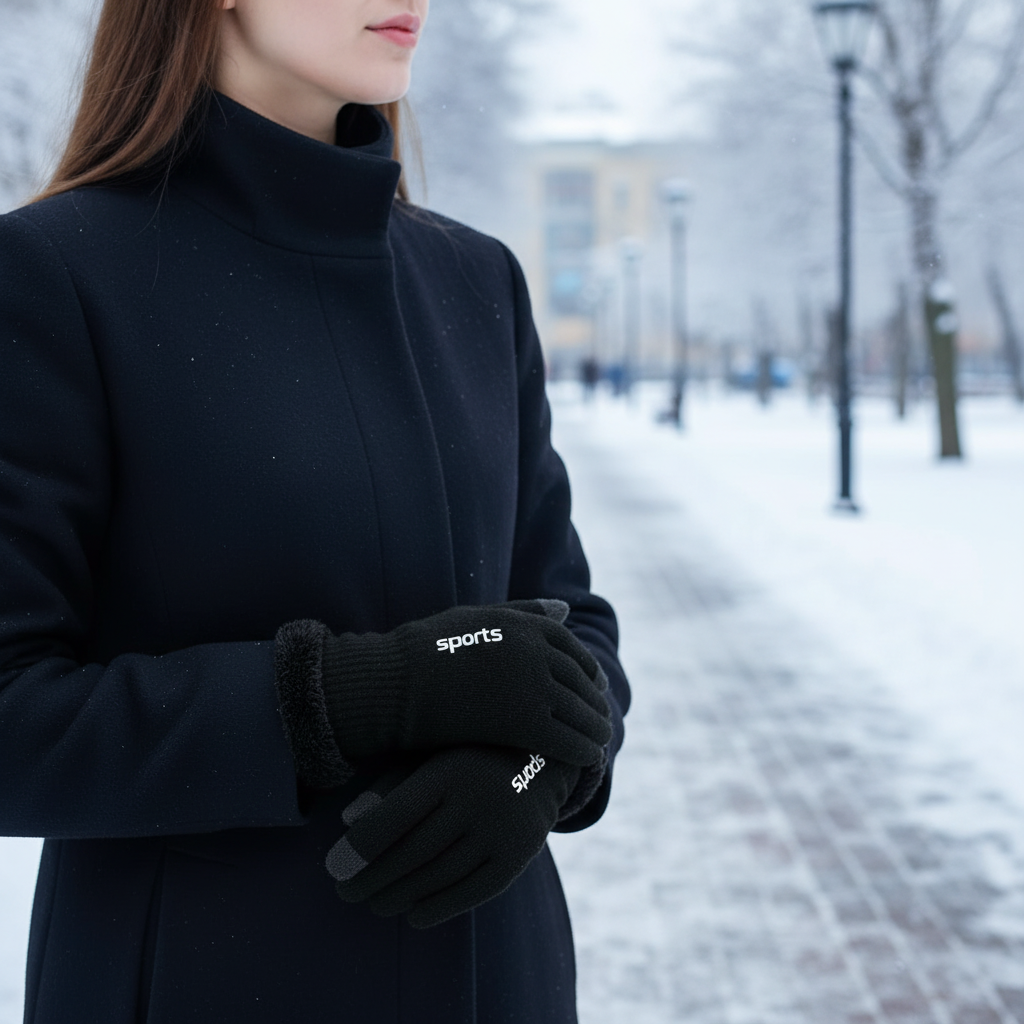 Unisex Winterhandschuhe mit Touchscreen-Funktion & "sports"-Schriftzug, Schwarz
