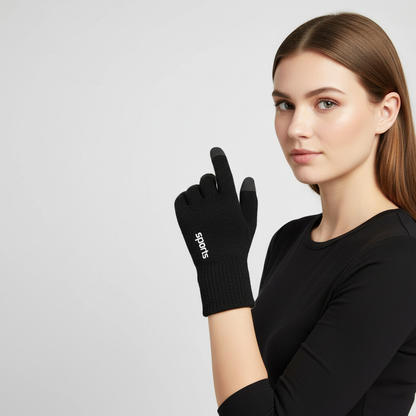 Unisex Winterhandschuhe mit Touchscreen-Funktion & "sports"-Schriftzug, Schwarz