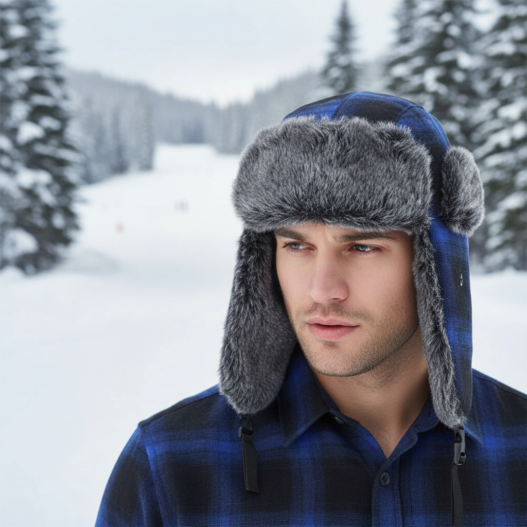 Unisex Winter Trappermütze mit Ohrenklappen und Kunstfellfutter