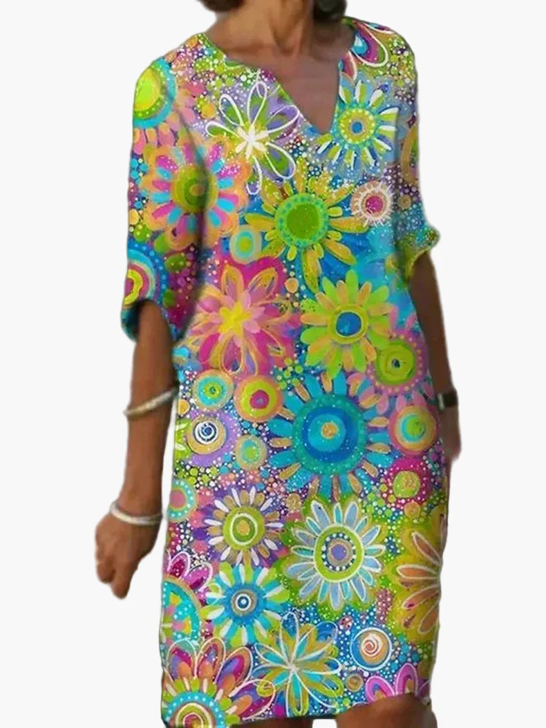 Damen Sommerkleid mit V-Ausschnitt und Blumenmuster – Freizeit & Festlich, Boho-Stil