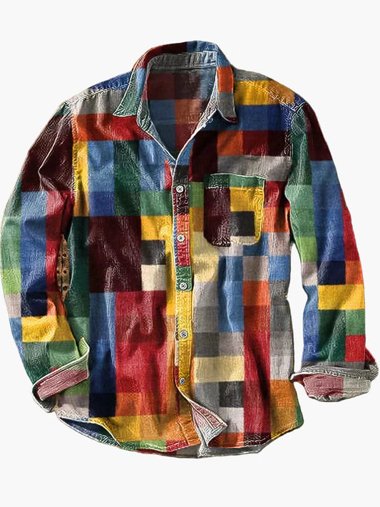 Herren Modernes Patchwork-Freizeithemd – Lässiges Langarmhemd für Alltag und Büro