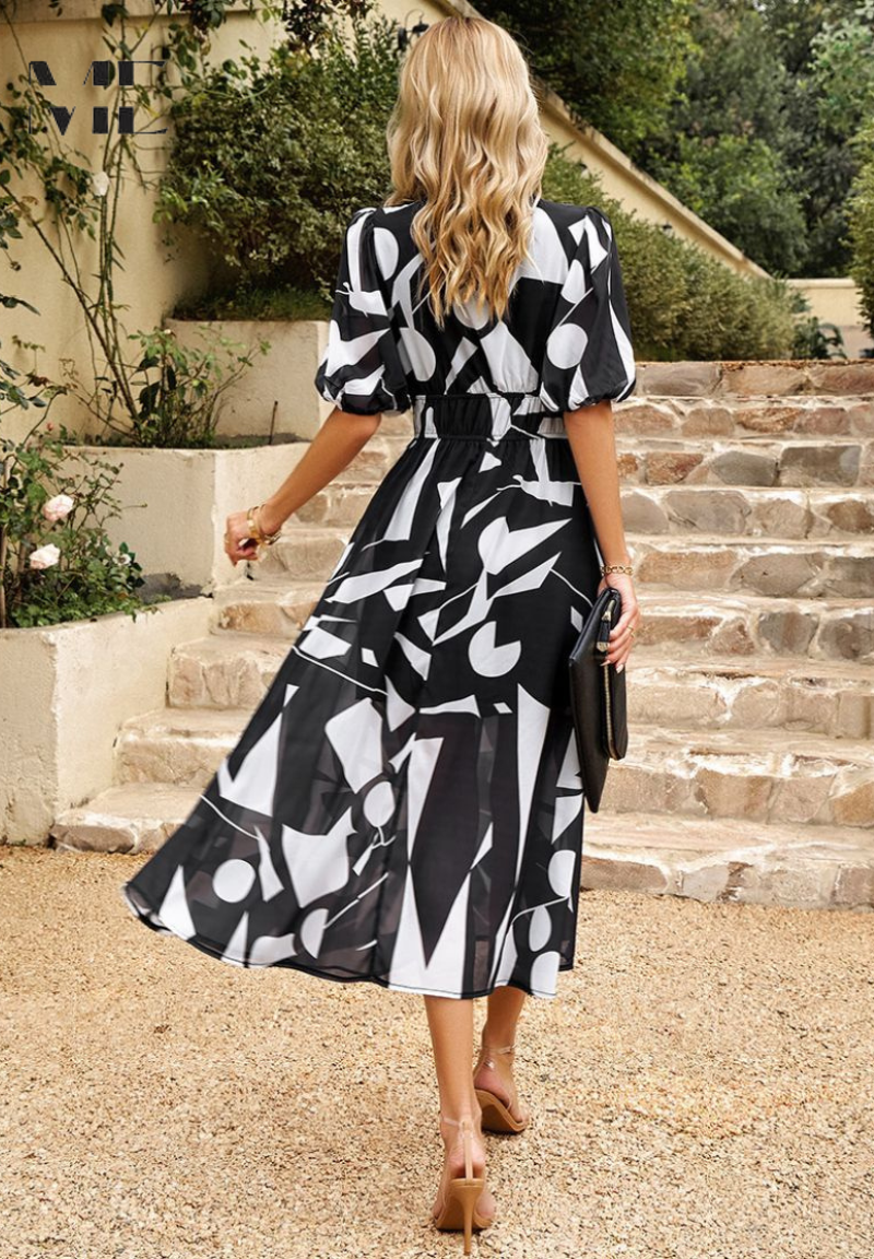 Damen Midi Kleid – Elegantes Blumenkleid mit Puffärmeln für Alltag und besondere Anlässe