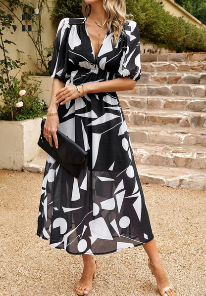Damen Midi Kleid – Elegantes Blumenkleid mit Puffärmeln für Alltag und besondere Anlässe
