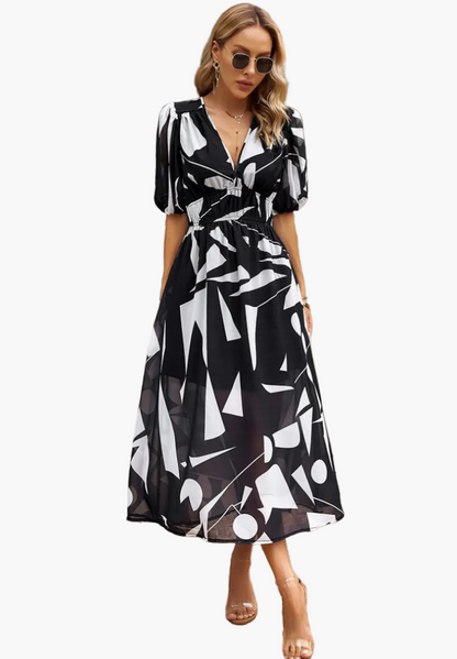 Damen Midi Kleid – Elegantes Blumenkleid mit Puffärmeln für Alltag und besondere Anlässe