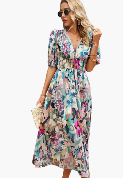 Damen Midi Kleid – Elegantes Blumenkleid mit Puffärmeln für Alltag und besondere Anlässe