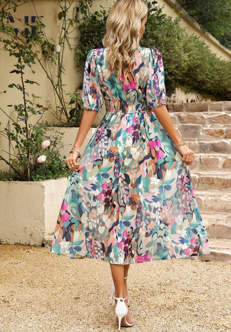Damen Midi Kleid – Elegantes Blumenkleid mit Puffärmeln für Alltag und besondere Anlässe