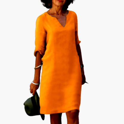 Damen Kleid mit V-Ausschnitt und 3/4-Ärmeln – Eleganter Freizeit- und Büro-Look