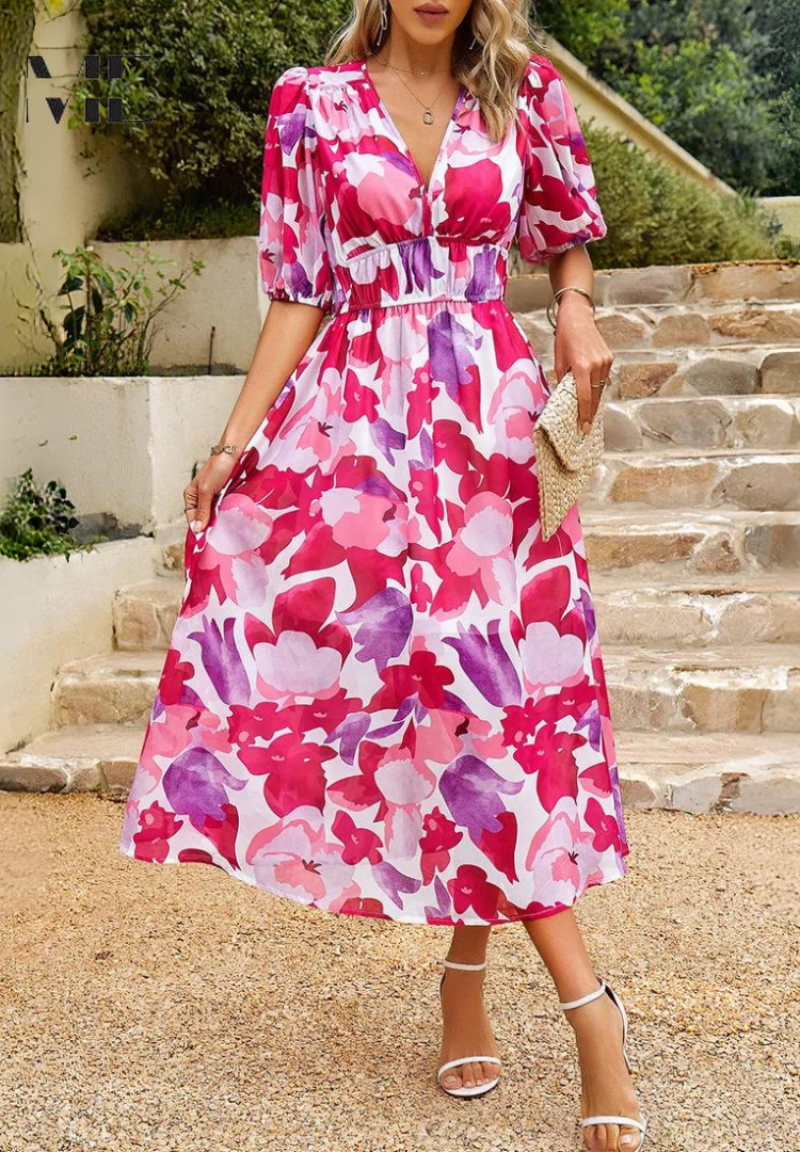 Damen Midi Kleid – Elegantes Blumenkleid mit Puffärmeln für Alltag und besondere Anlässe