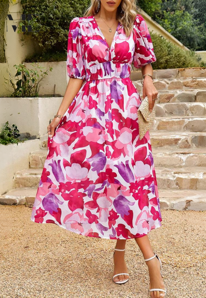 Damen Midi Kleid – Elegantes Blumenkleid mit Puffärmeln für Alltag und besondere Anlässe