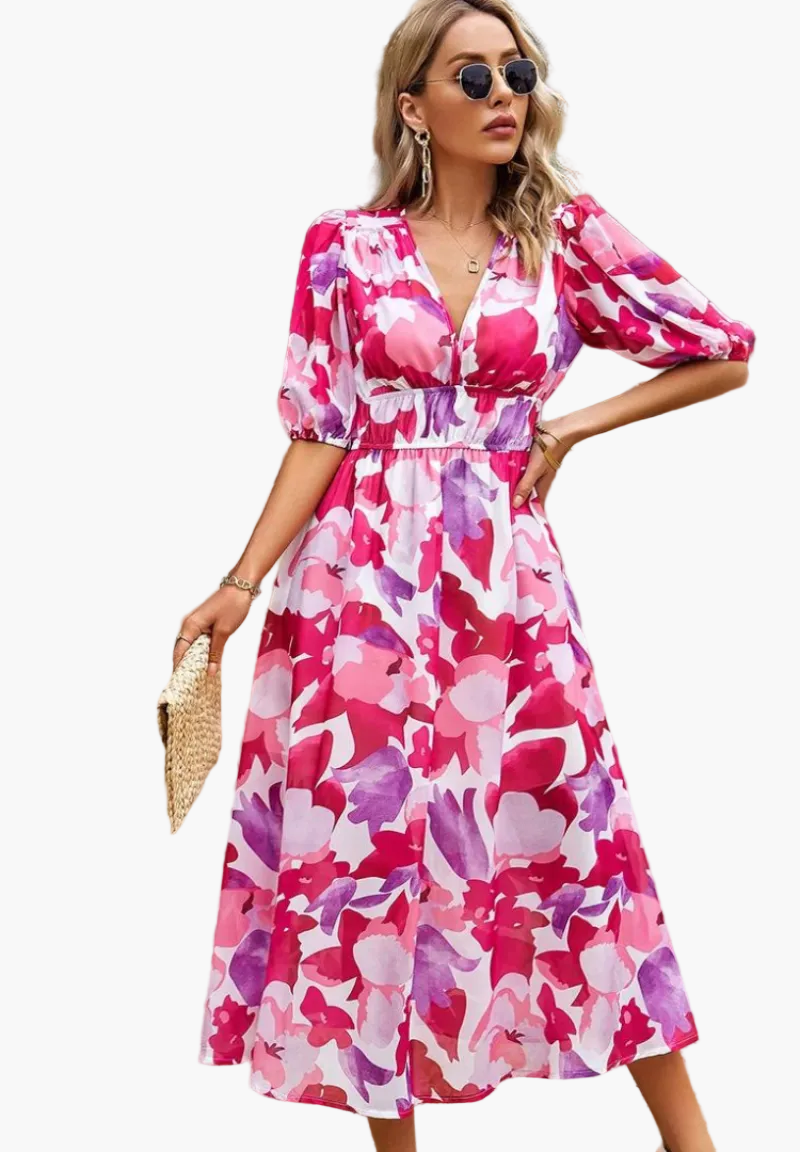 Damen Midi Kleid – Elegantes Blumenkleid mit Puffärmeln für Alltag und besondere Anlässe