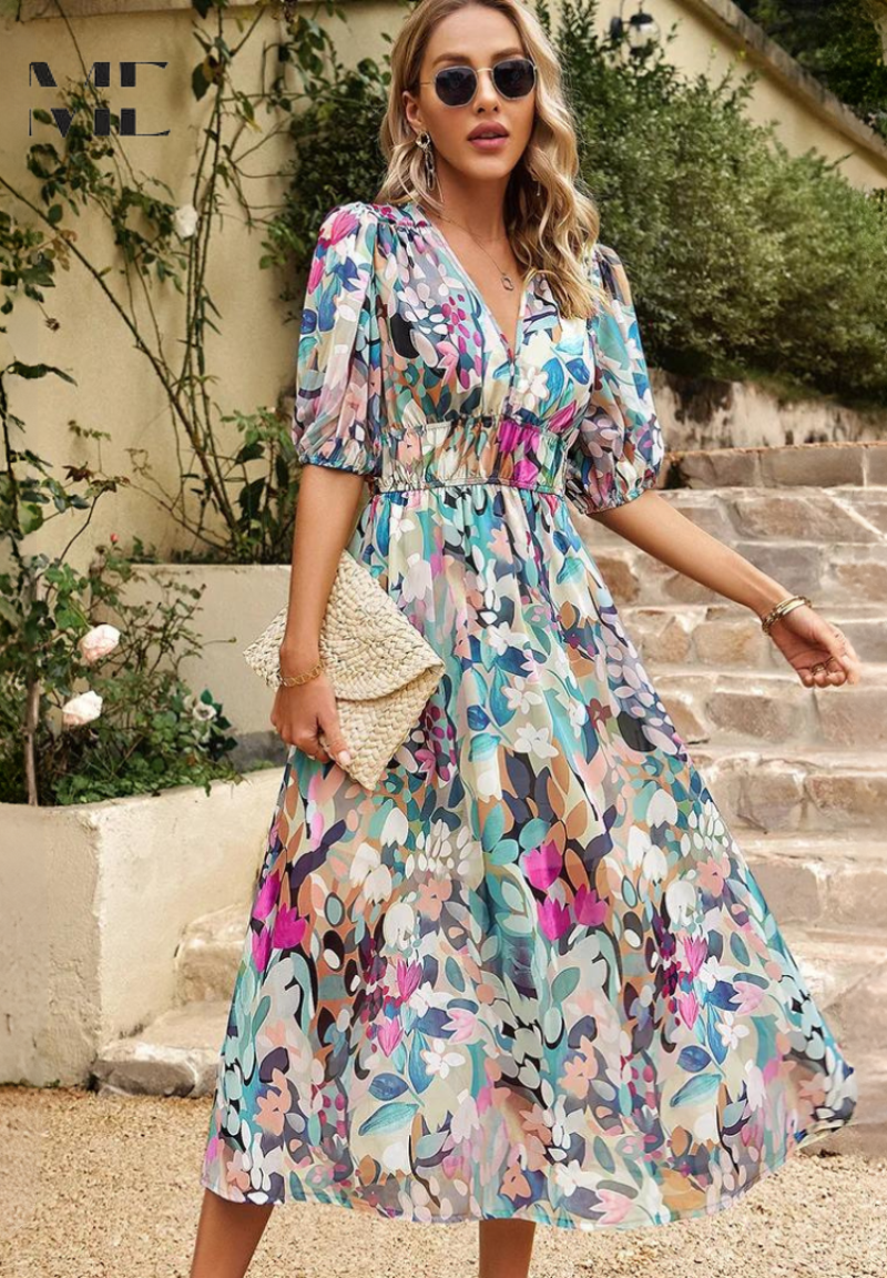 Damen Midi Kleid – Elegantes Blumenkleid mit Puffärmeln für Alltag und besondere Anlässe