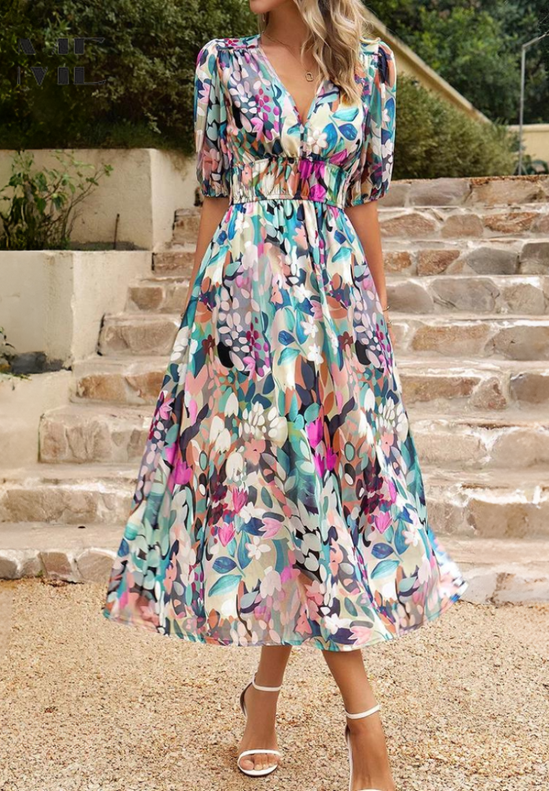Damen Midi Kleid – Elegantes Blumenkleid mit Puffärmeln für Alltag und besondere Anlässe