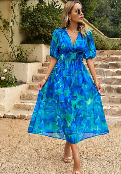 Damen Midi Kleid – Elegantes Blumenkleid mit Puffärmeln für Alltag und besondere Anlässe