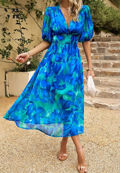 Damen Midi Kleid – Elegantes Blumenkleid mit Puffärmeln für Alltag und besondere Anlässe
