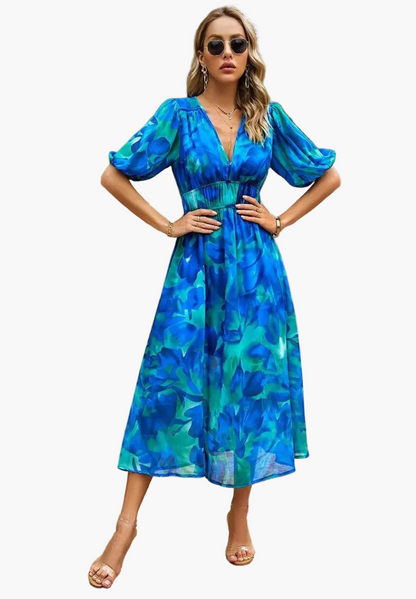 Damen Midi Kleid – Elegantes Blumenkleid mit Puffärmeln für Alltag und besondere Anlässe