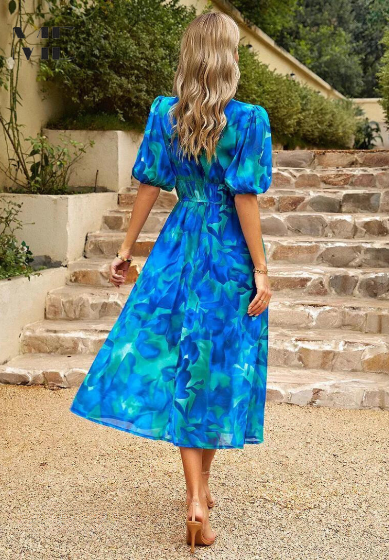 Damen Midi Kleid – Elegantes Blumenkleid mit Puffärmeln für Alltag und besondere Anlässe