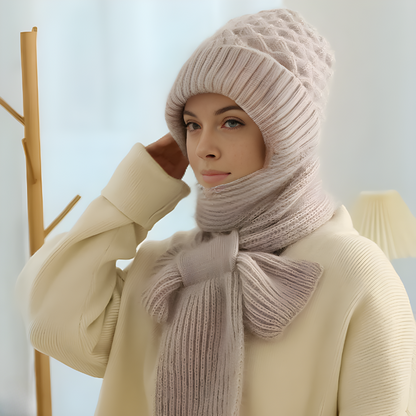 Winter-Mütze & Schal Set für Damen, Strick-Mütze mit Ohrenklappen und passender Schal
