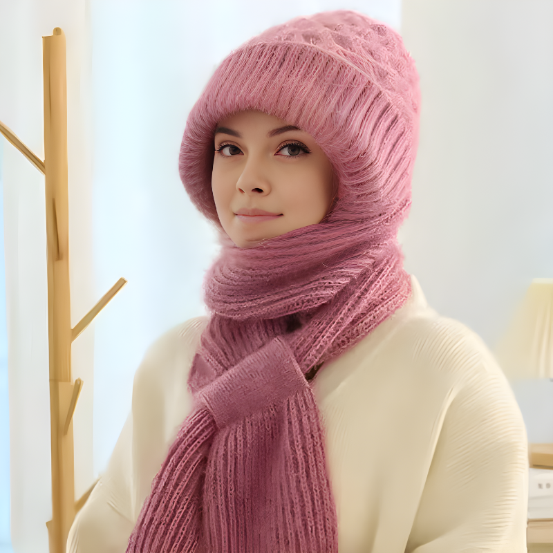Winter-Mütze & Schal Set für Damen, Strick-Mütze mit Ohrenklappen und passender Schal