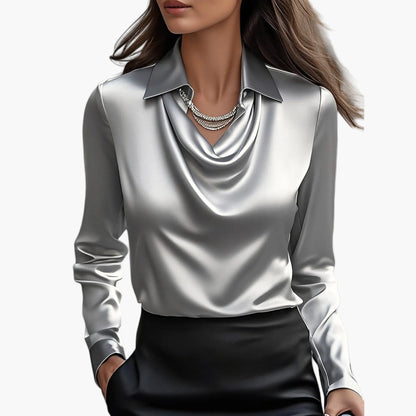 Damen Satinbluse mit Wasserfallkragen – Elegante Business- und Abendmode