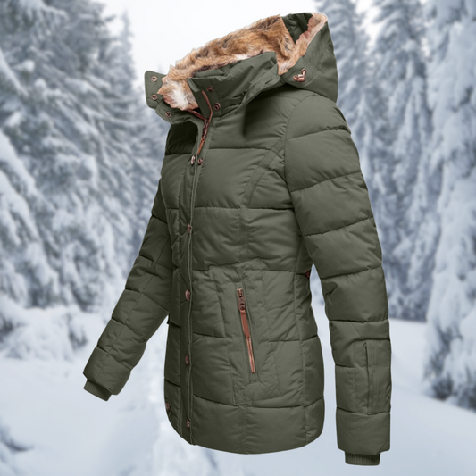 Damen Winter Steppjacke mit gefütterter Kapuze und Kunstfell