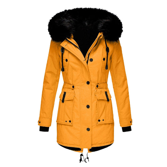 Damen Winterparka mit Kapuze und Kunstfellbesatz, verstellbare Taille, lange Ärmel
