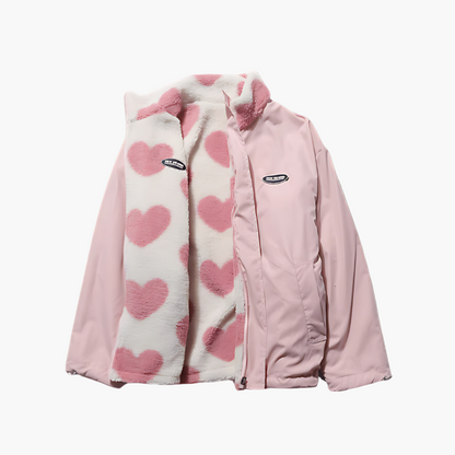 Damen Wendbare Fleecejacke im Streetwear-Stil mit Herzmuster – Kuschelige Übergangsjacke für Alltag und Freizeit