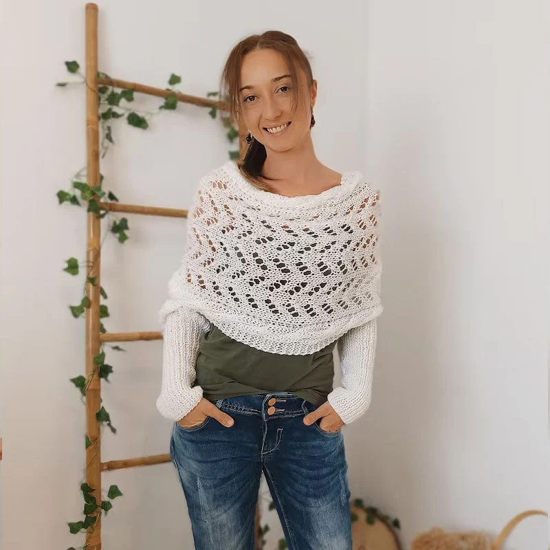 Gestrickter Bolero Damen Wickelpullover mit Ärmeln und Lochmuster