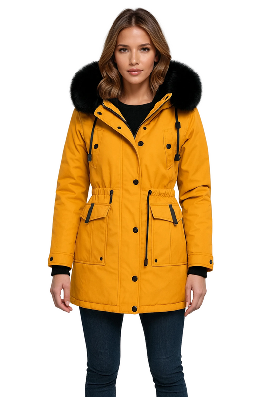 Damen Winterjacke Parka mit Kapuze und Kunstfellkragen Gelb