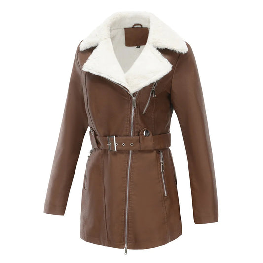 Damen Jacke im Leder-Look mit weißem Kunstfellkragen und Gürtel