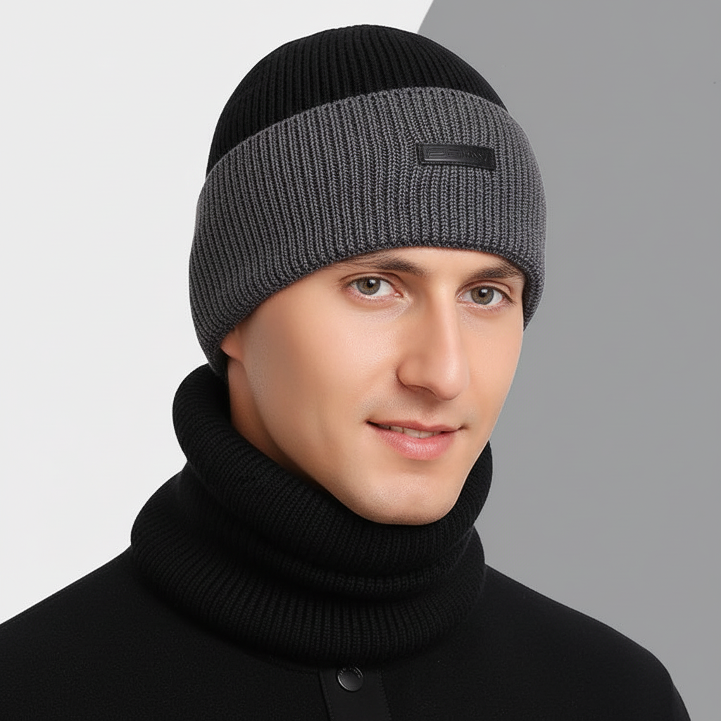 Wintermütze & Halswärmer Set aus Strick für Herren - Warme Beanie mit Schal