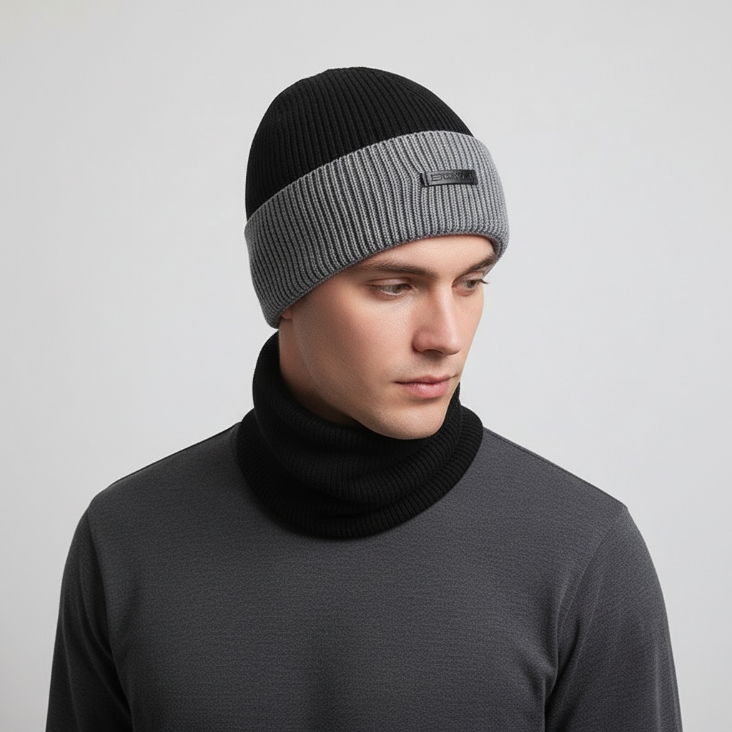 Wintermütze & Halswärmer Set aus Strick für Herren - Warme Beanie mit Schal
