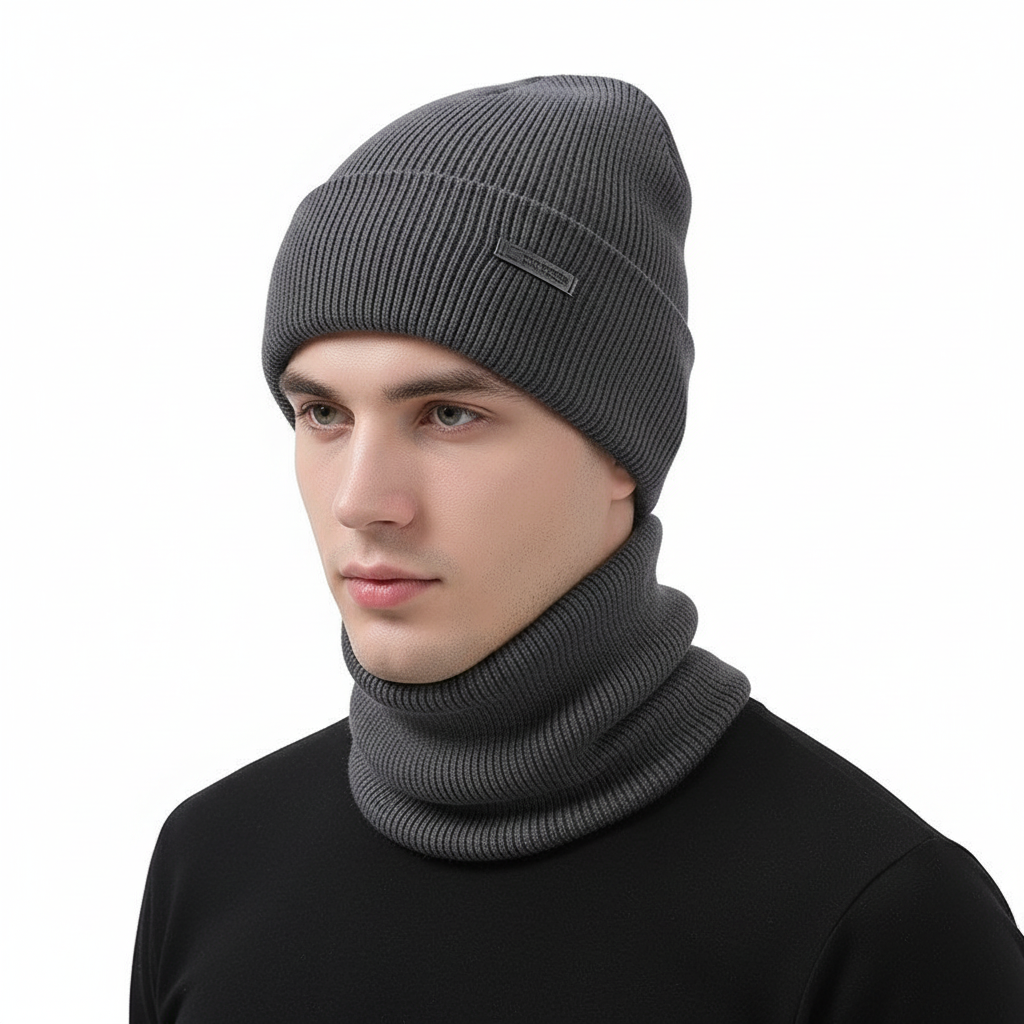 Wintermütze & Halswärmer Set aus Strick für Herren - Warme Beanie mit Schal