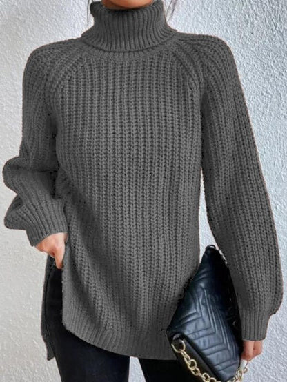 Damen Rollkragenpullover Strickpullover Langarm Ribstrick Pulli mit Schlitzen