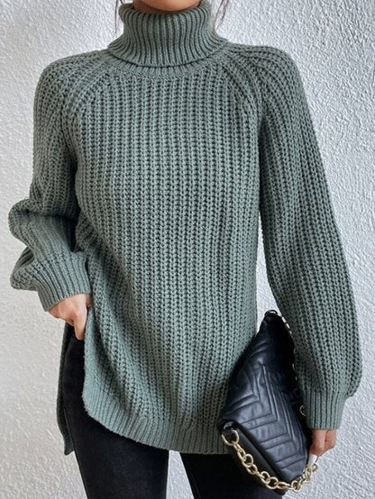 Damen Rollkragenpullover Strickpullover Langarm Ribstrick Pulli mit Schlitzen