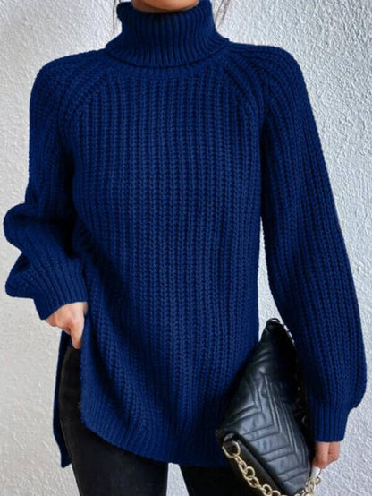 Damen Rollkragenpullover Strickpullover Langarm Ribstrick Pulli mit Schlitzen