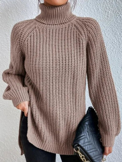 Damen Rollkragenpullover Strickpullover Langarm Ribstrick Pulli mit Schlitzen