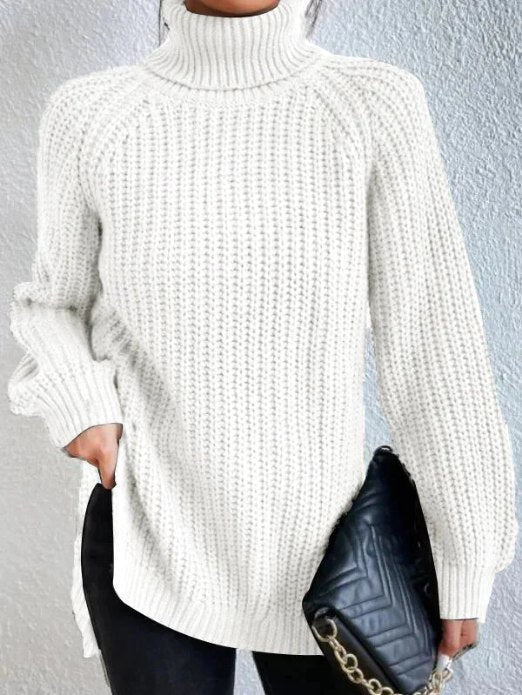 Damen Rollkragenpullover Strickpullover Langarm Ribstrick Pulli mit Schlitzen