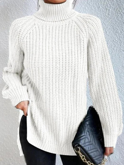 Damen Rollkragenpullover Strickpullover Langarm Ribstrick Pulli mit Schlitzen