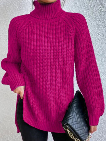 Damen Rollkragenpullover Strickpullover Langarm Ribstrick Pulli mit Schlitzen