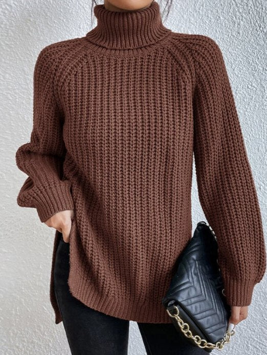 Damen Rollkragenpullover Strickpullover Langarm Ribstrick Pulli mit Schlitzen