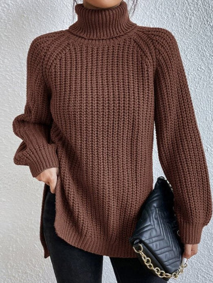 Damen Rollkragenpullover Strickpullover Langarm Ribstrick Pulli mit Schlitzen