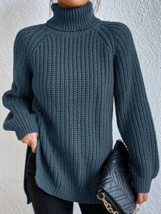 Damen Rollkragenpullover Strickpullover Langarm Ribstrick Pulli mit Schlitzen