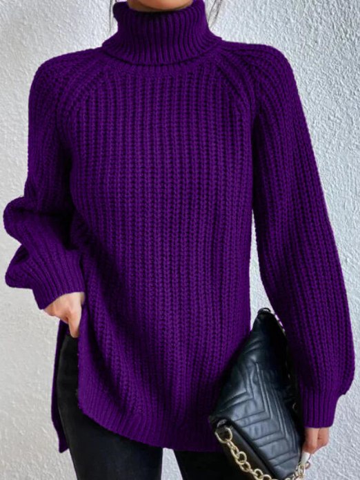 Damen Rollkragenpullover Strickpullover Langarm Ribstrick Pulli mit Schlitzen