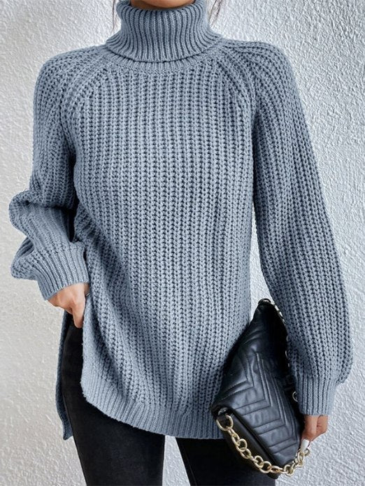 Damen Rollkragenpullover Strickpullover Langarm Ribstrick Pulli mit Schlitzen