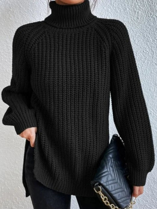 Damen Rollkragenpullover Strickpullover Langarm Ribstrick Pulli mit Schlitzen