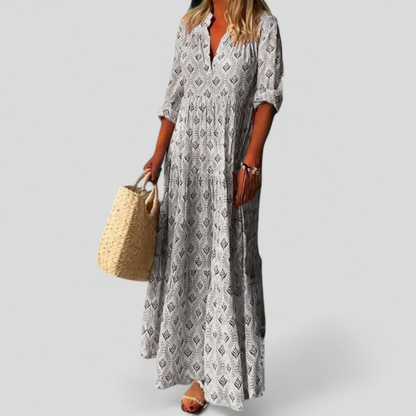 Damen Maxikleid mit V-Ausschnitt, 3/4-Ärmeln und geometrischem Muster